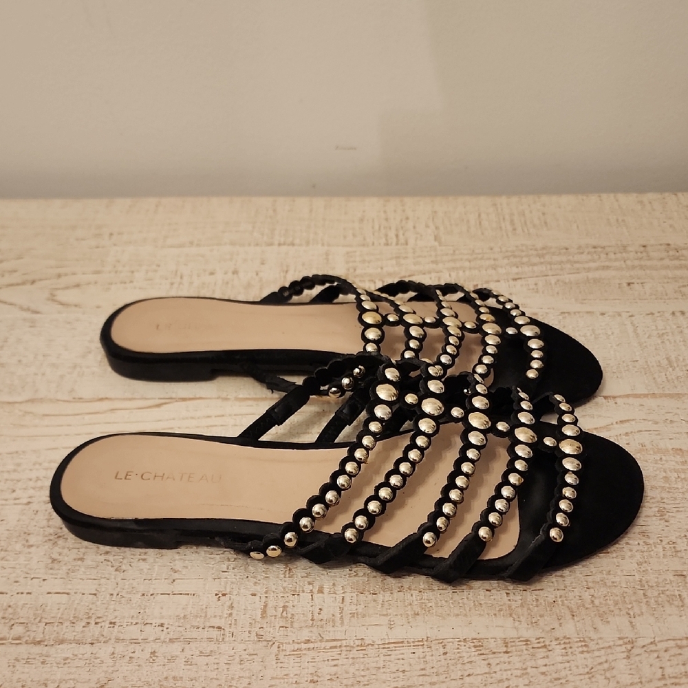 Le Chateau Black Sandals with Gold Accents Sz 8 - Picture 2 of 4